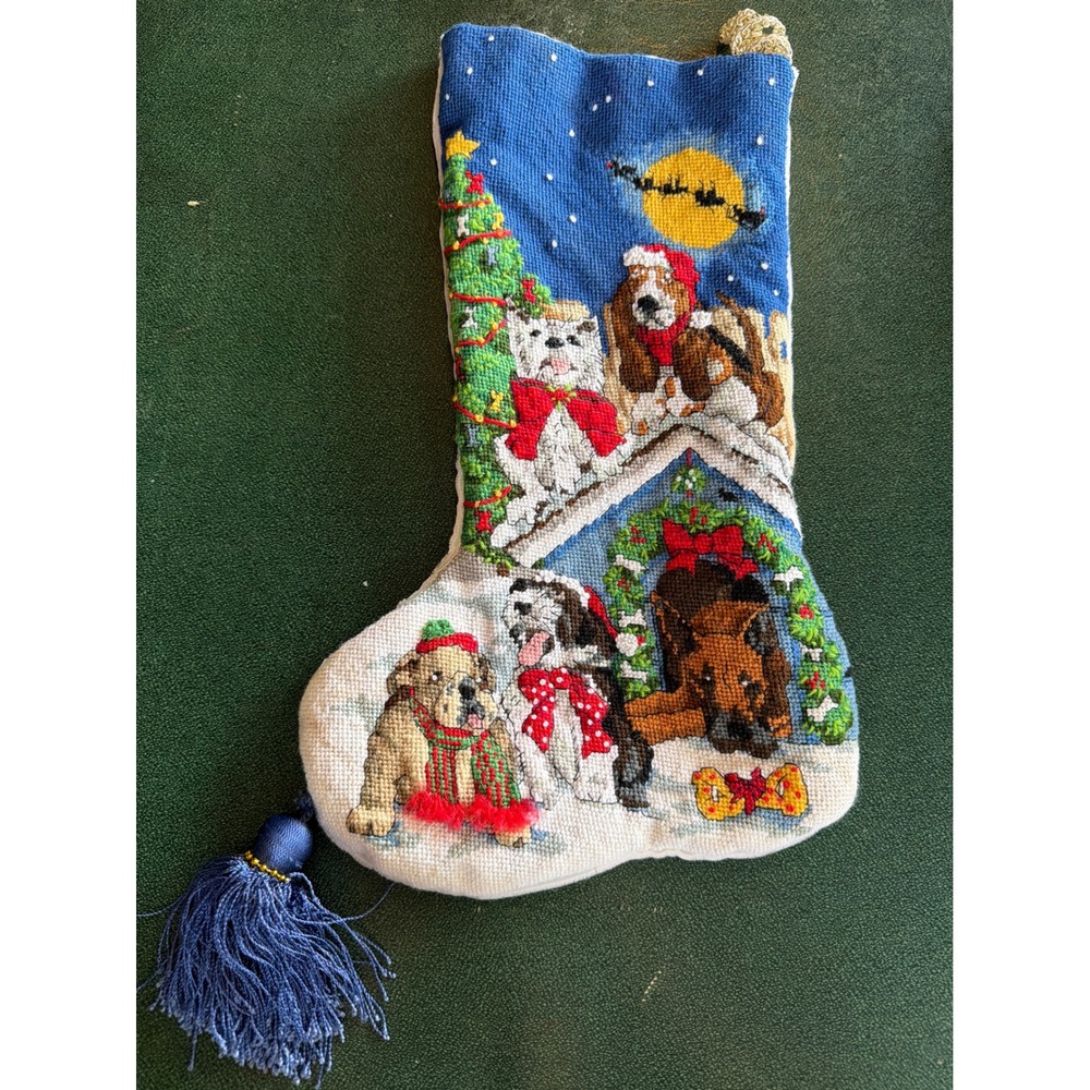 Dimensions 9113 Holiday Hounds Dogs Christmas‎ Needlepoint Stocking Vintage Blue